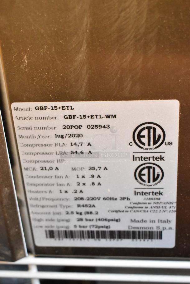 2020 Desmon GBF-15+ETL Stainless Steel Blast Chiller, 220V, 3 Phase, ETL certified, Model GBF-15+ETL with tag details.