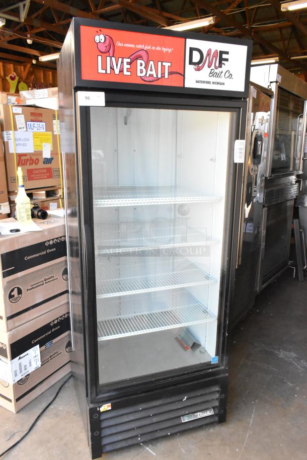 2020 True GDM-26-HC commercial cooler with single glass door, poly-coated racks, and live bait branding. 115V, 1 phase.