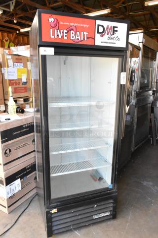 2020 True GDM-26-HC commercial cooler with single glass door, poly-coated racks, and live bait branding. 115V, 1 phase.