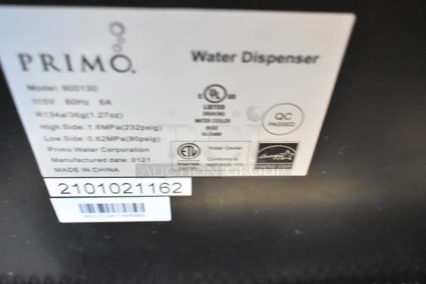 Primo 900130 Water Cooler Base label showing model, voltage, certification logos, and barcode for identification.