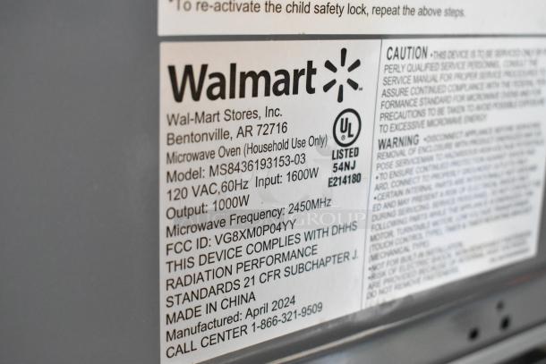 2024 Hamilton Beach MS8436193153-03 Microwave label showing model, 120VAC, 1000W output, made in China.