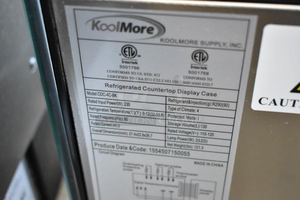 KoolMore CDC-4C-BK commercial countertop refrigerator display case label, detailing model, power, dimensions, and certifications.