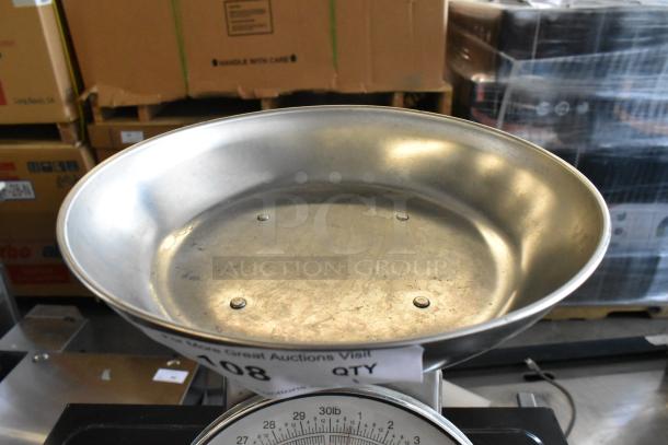 Yamato SM(N) metal countertop food portioning scale with large round stainless steel tray, in good condition.