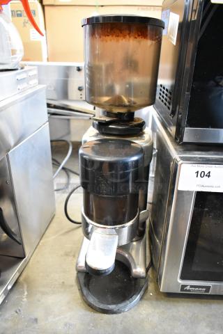 VFA Express AN-1664 commercial espresso bean grinder, metal, countertop, 110V, 1 phase, visible wear, model label intact.