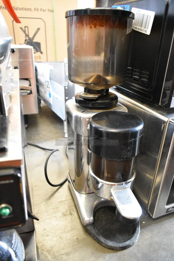 VFA Express AN-1664 metal espresso bean grinder, commercial countertop model, 110 volts, 1 phase, with worn metal finish.
