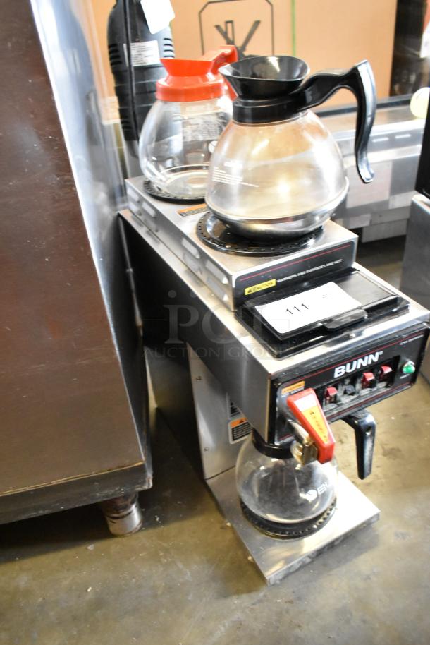 Bunn CWTF15 stainless steel 3-burner coffee machine, 120V, with hot water dispenser, metal brew basket, and 3 pots.