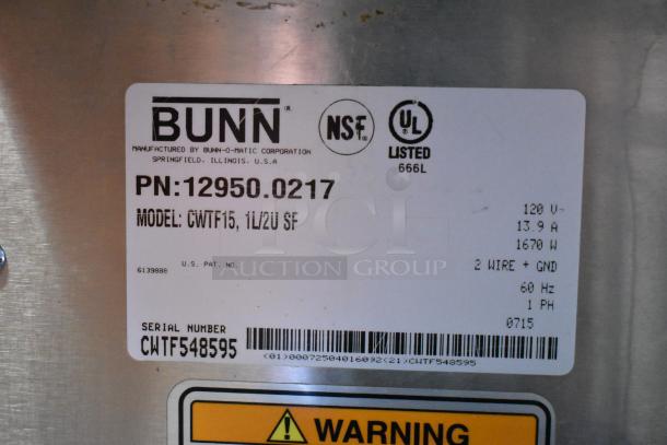 Bunn CWTF15 commercial coffee machine label showing model, serial number, voltage, UL, and NSF certifications.