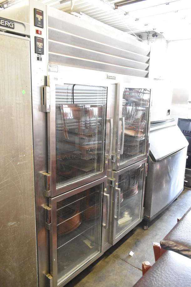 Traulsen stainless steel 2-section, 4 half-door heated holding cabinet and cooler on casters, model RDH232WUT-HHG. Locked doors.