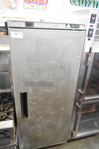 Berg BVER23 metal single door reach-in cooler on casters, 115 volts, 1 phase. Features control panel and Berg logo. Good condition.