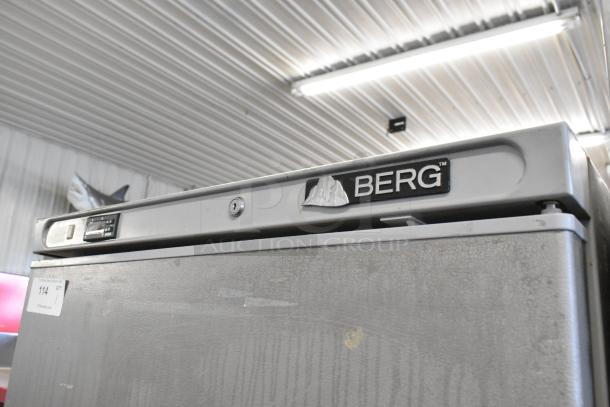 Berg BVER23 metal commercial cooler, single door, on casters. 115V, 1 phase. Minor surface wear, label showing model and brand.