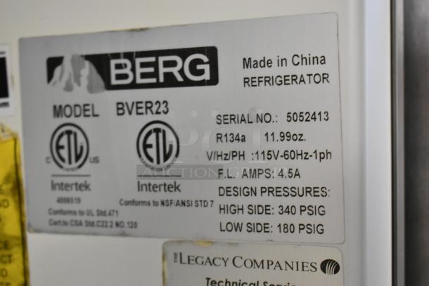 Berg BVER23 metal commercial single door reach-in cooler label, showing technical specs and certifications. Model BVER23, 115V.