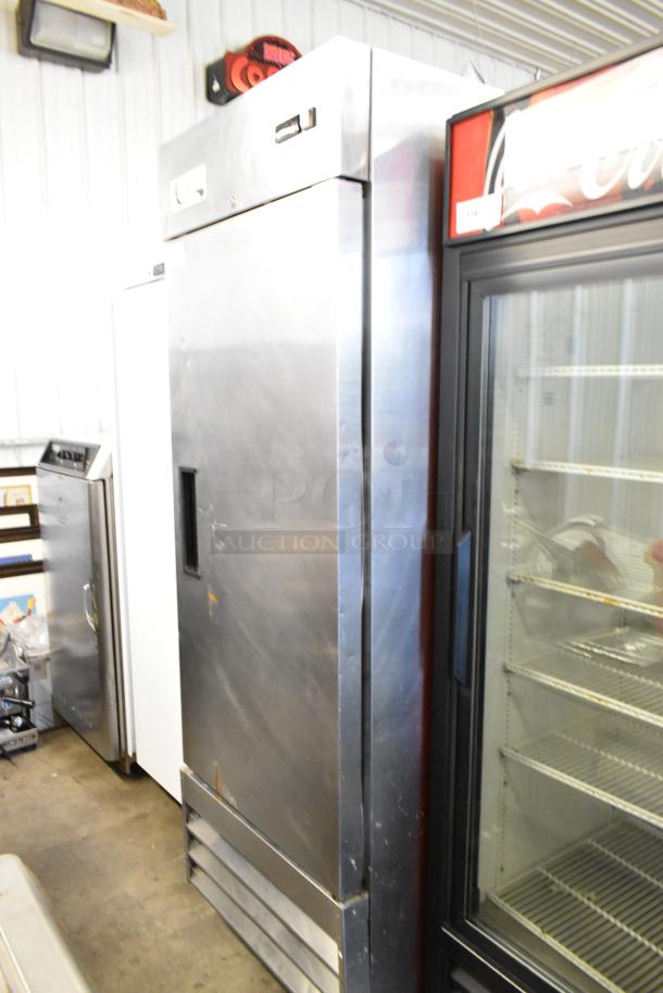 Avantco 178A19RHC stainless steel commercial single door cooler, poly-coated racks, on casters. 115V, 1 phase.