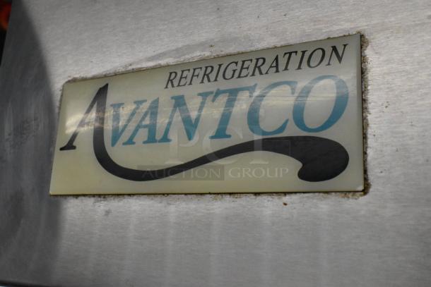 Avantco 178A19RHC logo on stainless steel commercial reach-in cooler, showing brand name in blue-black font.