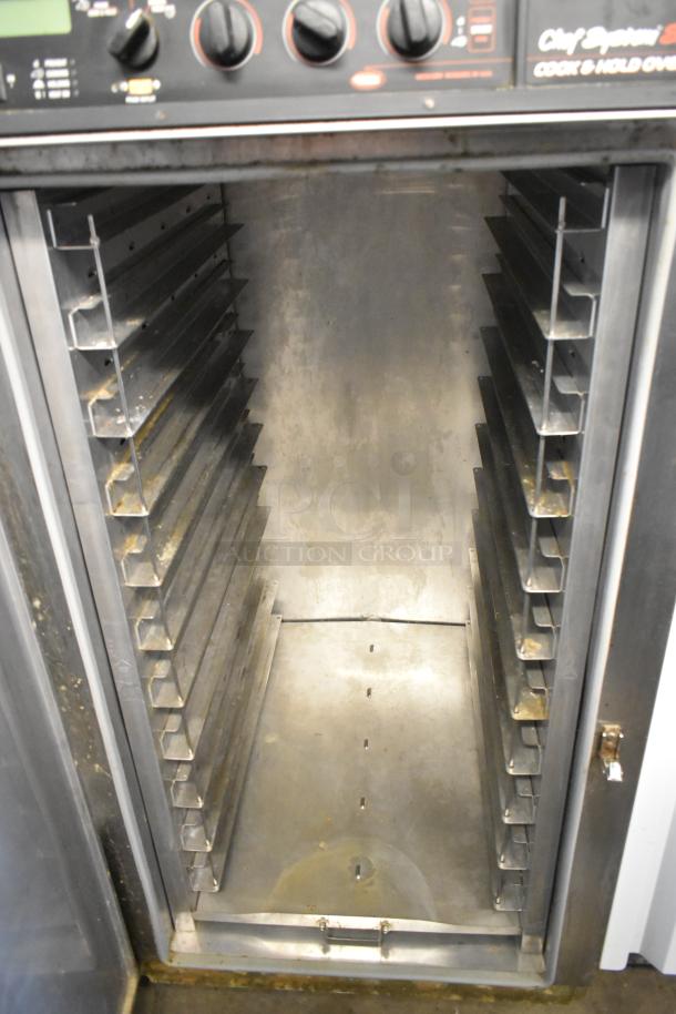 Hatco CS2-10 Cook & Hold Oven, stainless steel, commercial casters, 240V, 1 Phase, adjustable racks, interior view.