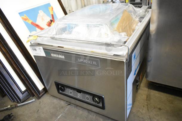 Henkelman Jumbo 42 XL ETL stainless steel vacuum sealer, countertop model, shown in commercial setting with control panel visible.