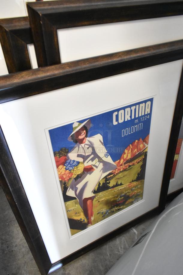 12 framed pictures including vintage and chef-themed art, all in dark wooden frames, excellent condition, ready to hang.