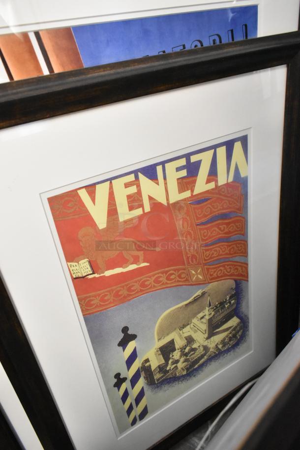 12 framed pictures featuring chefs and travel-themed art, including a "Venezia" poster. Good condition, variety of designs.