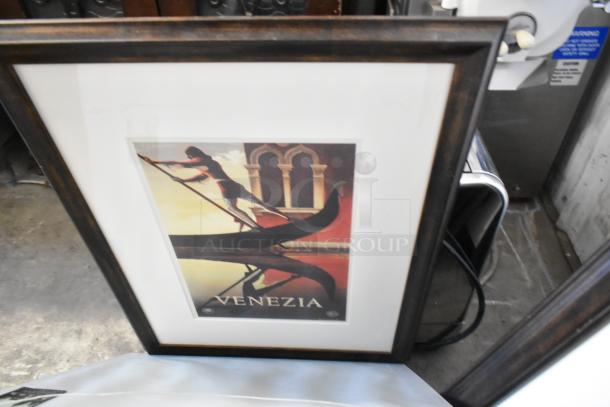 Framed picture featuring a gondola scene with "Venezia" text. Part of a lot of 12 varied framed pictures, including chefs.