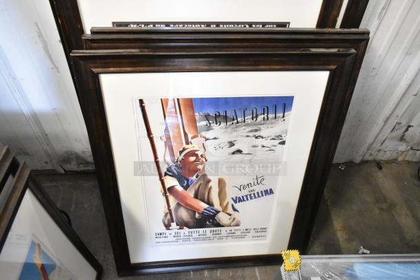 12 framed pictures featuring chefs and various themes, in dark wood frames, excellent condition, ready to display.