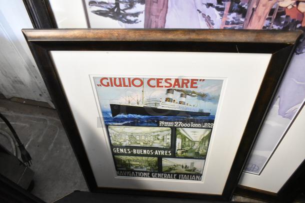 Framed vintage "Giulio Cesare" ship poster, wood frame, showing ship and interior, labeled "Navigazione Generale Italiana."