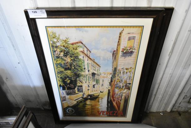 12 framed pictures lot; featuring chef-themed art. Display shows a vibrant Venice canal scene, "Venezia" label. Condition: good.