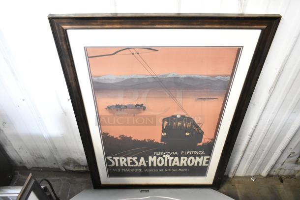 Framed vintage travel poster for "Stresa-Mottarone," featuring a cable car and lake view, in excellent condition.