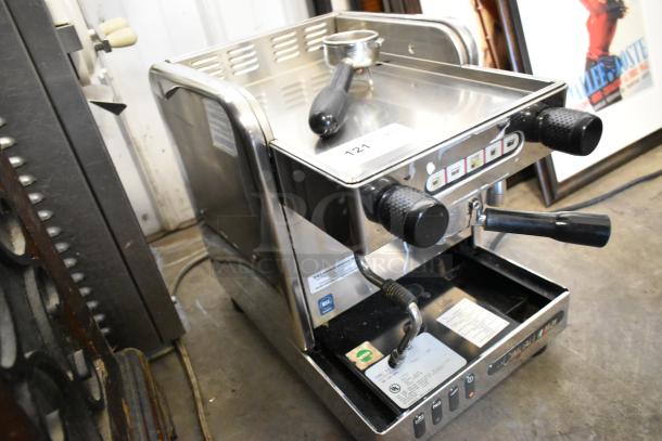 La Cimbali M21 Junior NF stainless steel espresso machine with portafilter, steam wand, labeled controls, 120V, 1 phase.