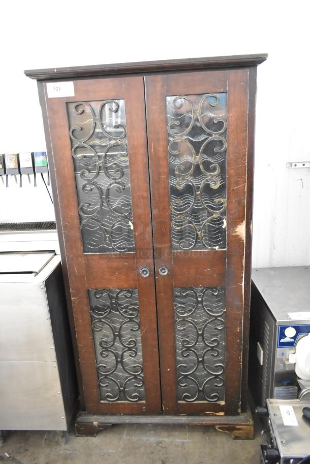 Vinotemp VT-RIOJA4 wooden wine merchandiser cabinet, 2 ornate doors, 120V, minor wear, key feature scroll design.