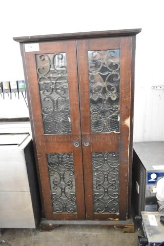 Vinotemp VT-RIOJA4 wooden wine merchandiser cabinet, 2 ornate doors, 120V, minor wear, key feature scroll design.
