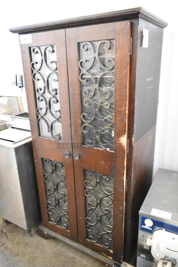 Vinotemp VT-RIOJA4 Wooden 2 Door Wine Merchandiser Cabinet, decorative metal panels, 120V, minor wear, model tag visible.