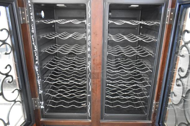 Vinotemp VT-RIOJA4 wooden dual-door wine merchandiser cabinet, 120V, interior shelves, chalk labels on doors, excellent condition.