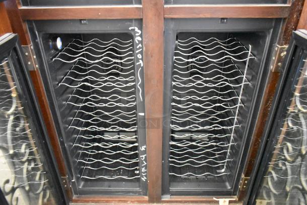 Vinotemp VT-RIOJA4 wooden 2-door wine merchandiser cabinet, dual glass doors, interior racks, 120 volts, 1 phase.