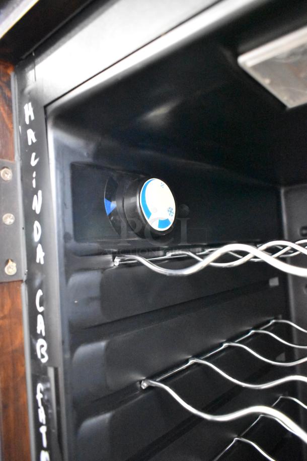 Vinotemp VT-RIOJA4 wine merchandiser interior, showing shelves and temperature dial, clean condition. 120V, 1 Phase.