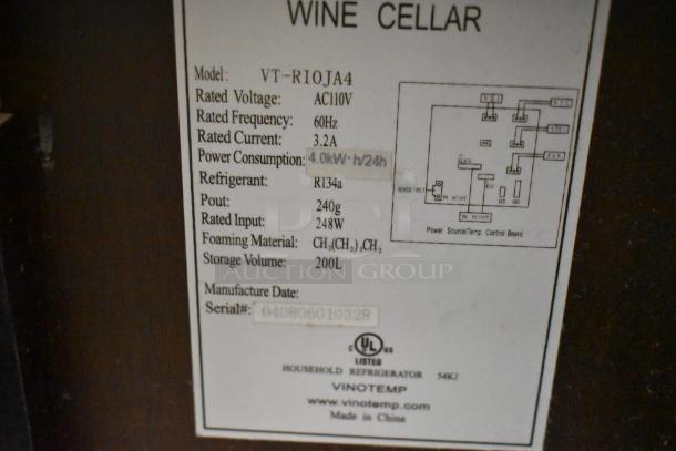 Vinotemp VT-RIOJA4 Wooden 2 Door Wine Merchandiser Cabinet label, 120V, 1 phase, R134a refrigerant, 200L storage.