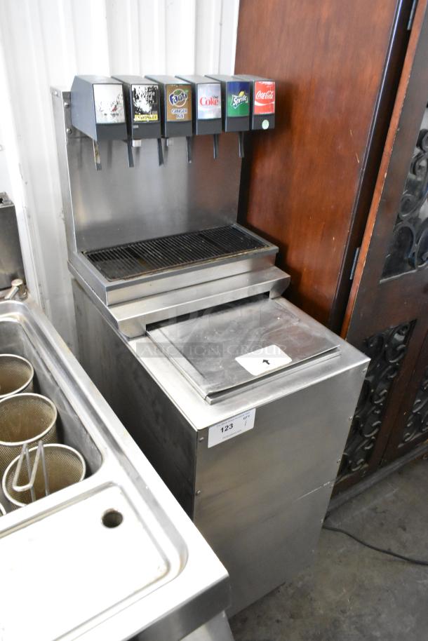 Stainless steel 6-flavor beverage machine on ice bin, 115V. Features Coke, Sprite, Diet Coke labels. Requires 1-phase power.