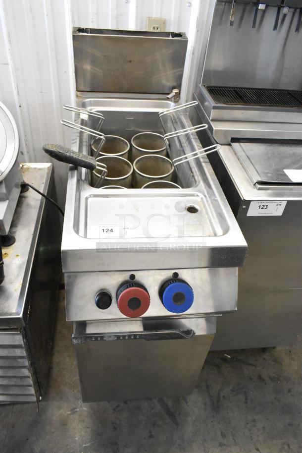 Rosito Bisani stainless steel gas-powered pasta cooker with 6 metal fry baskets. Commercial floor style, controls visible.