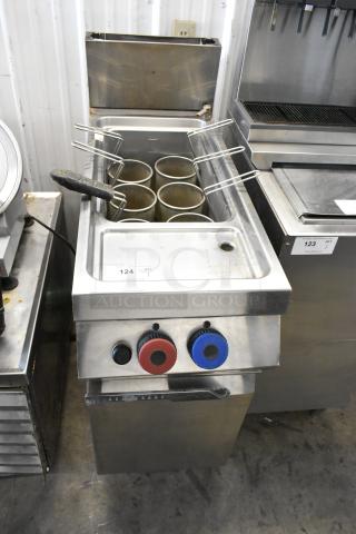 Rosito Bisani stainless steel gas-powered pasta cooker with 6 metal fry baskets. Commercial floor style, controls visible.