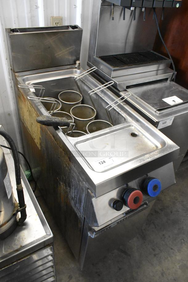Rosito Bisani stainless steel commercial floor gas pasta cooker with 6 metal fry baskets, showing signs of use.