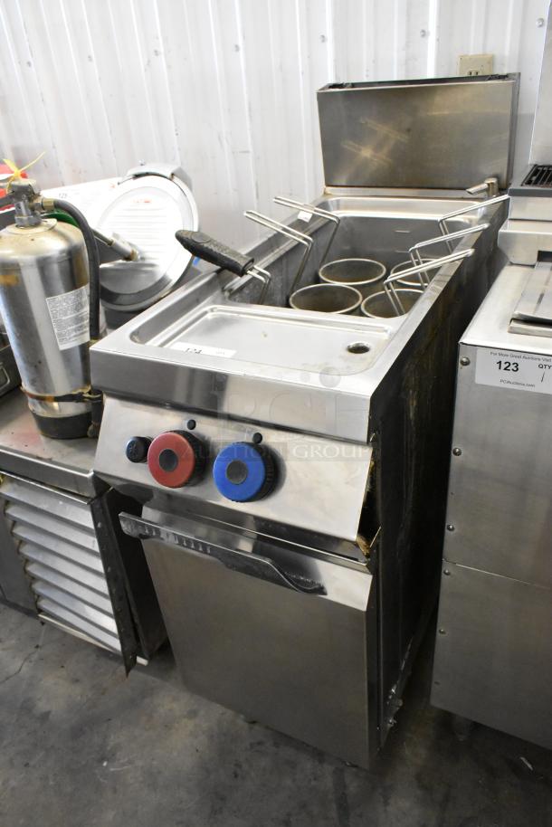 Rosito Bisani stainless steel gas-powered pasta cooker with 6 metal fry baskets, floor model, used condition.