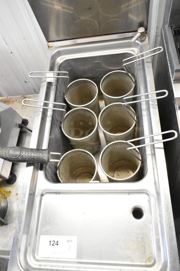 Rosito Bisani stainless steel gas-powered pasta cooker with six metal fry baskets, commercial floor style, good condition.