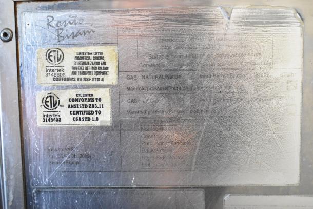 Rosito Bisani stainless steel commercial gas pasta cooker plaque with ETL and certification labels.