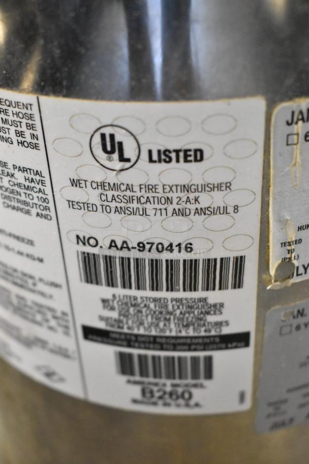 Amerex Wet Chemical Fire Extinguisher, UL Listed, Classification 2-A:K, Model B260, serial No. AA-970416, buyer pick-up only.