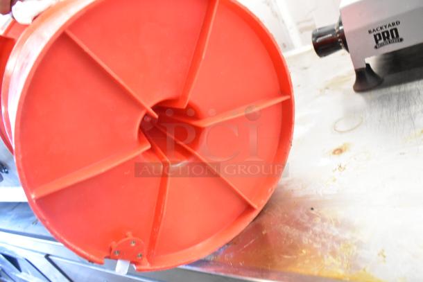 Chef Master Red Poly Lettuce Spinner, durable plastic, clean with minor wear, ideal for salad preparation.