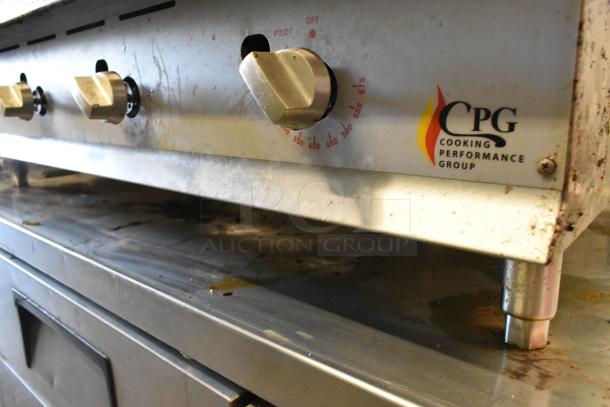 2021 CPG 351GTCPG48NL stainless steel gas griddle with thermostatic controls, over shelf, 120,000 BTU, fair condition.