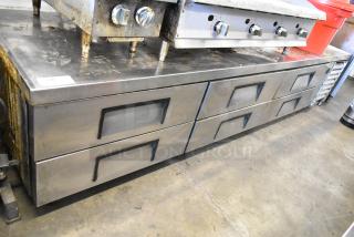 True TRCB-110 stainless steel 6-drawer chef base with commercial casters, 115 volts, 1 phase. Used condition.