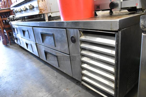 True TRCB-110 stainless steel 6-drawer chef base on casters, commercial use, 115 volts, 1 phase, shown in used condition.