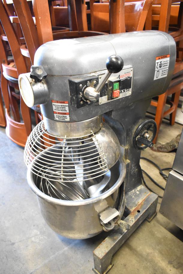 Avantco MX20 commercial countertop mixer, 20-quart capacity, with metal bowl, bowl guard, attachments; model label visible.