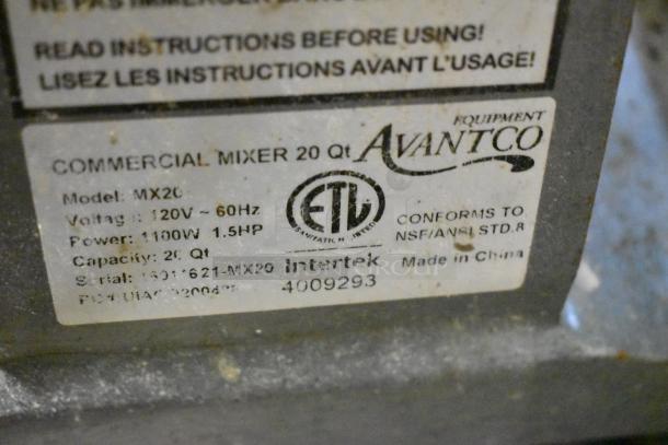 Avantco MX20 commercial mixer label, showing model, voltage, power, capacity, serial number, ETL certification, and NSF compliance.