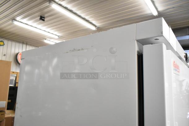 Galaxy 177GRI20FW metal single door reach-in freezer, 115 volts, 1 phase. Slight surface wear visible.