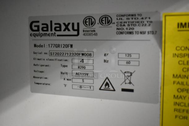 Label on Galaxy 177GRI20FW Reach-In Freezer. Details include model, serial number, refrigerant type R290, and 115V voltage.